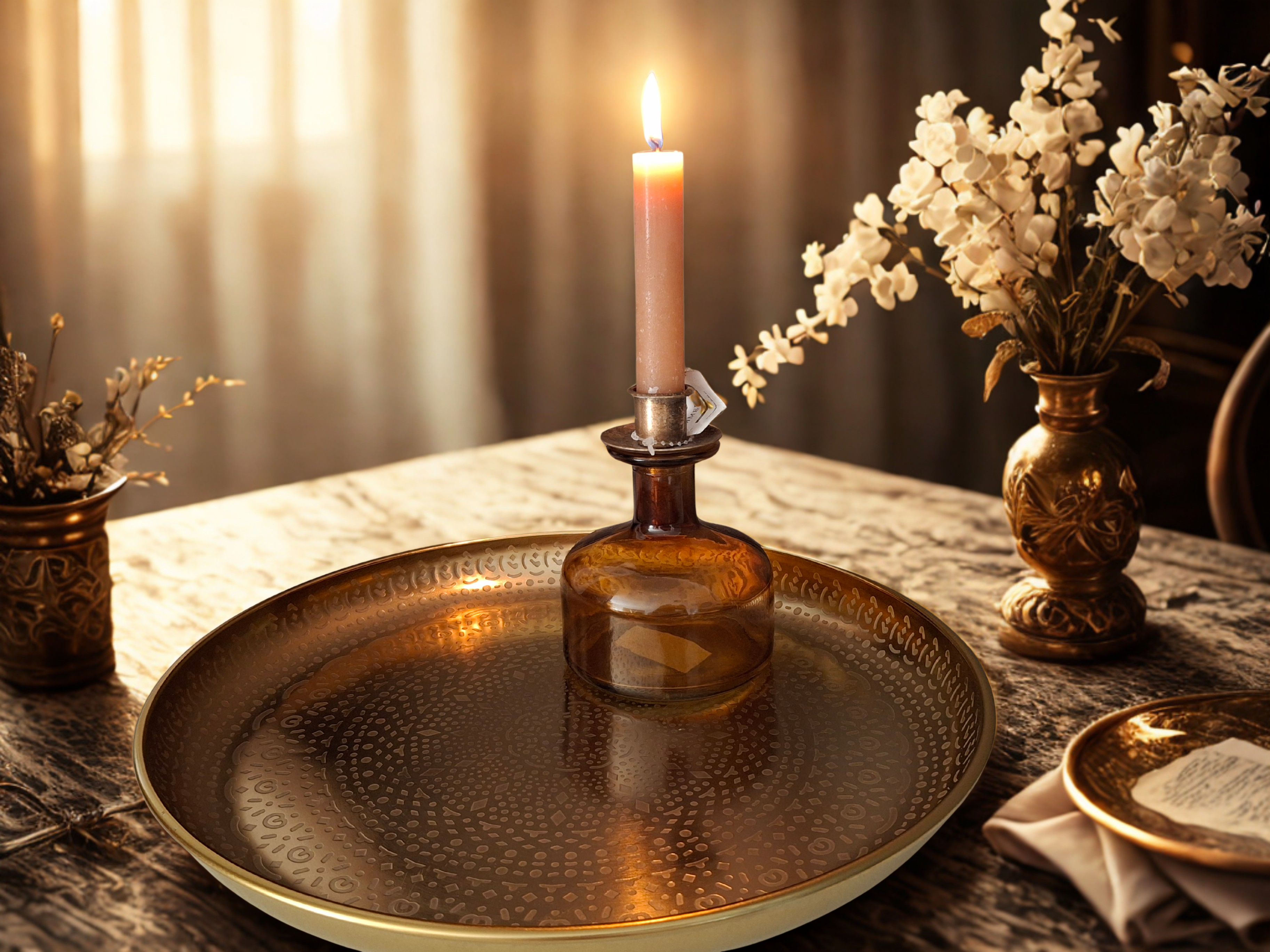 Kandelaar glas Amber, hoogte 13 cm.