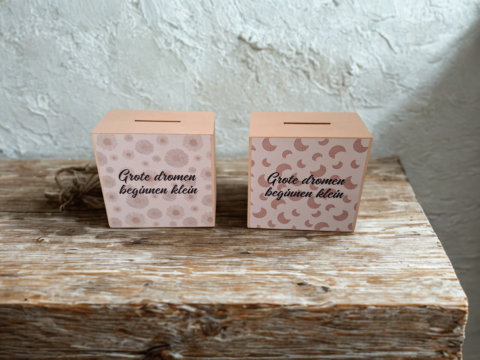 Houten spaarpot bloemen