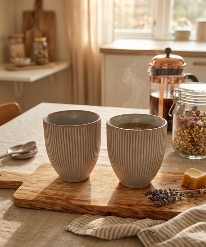 Mok ecru / bruin gestreept