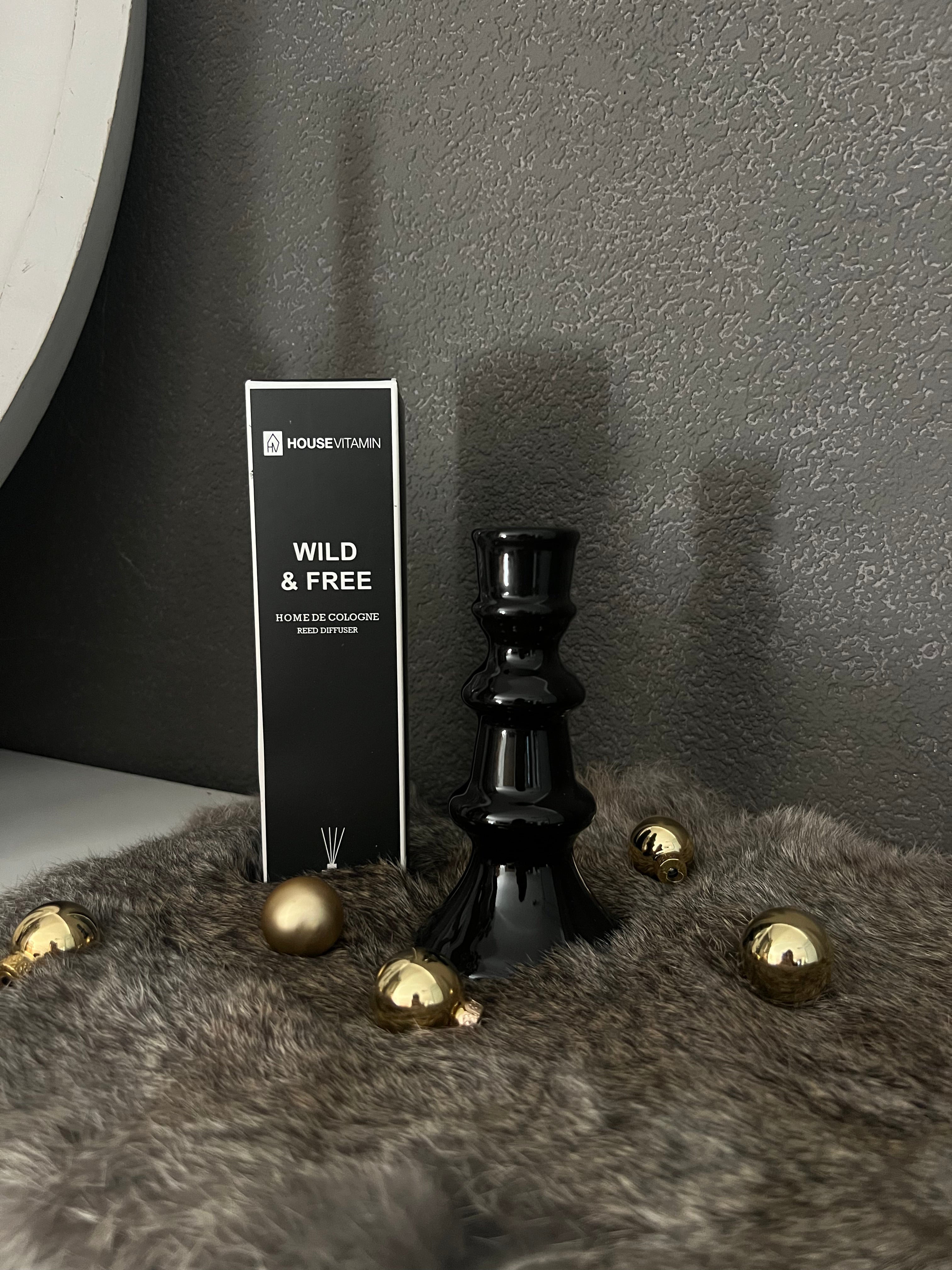 Housevitamine kandelaar glas zwart, hoogte 23 cm.