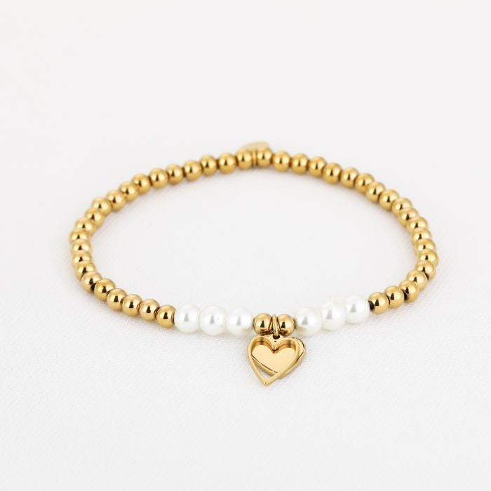 Kralen armbandje met parels en hartje - goud
