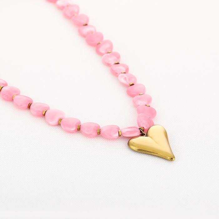 Kralen ketting met hartje - roze