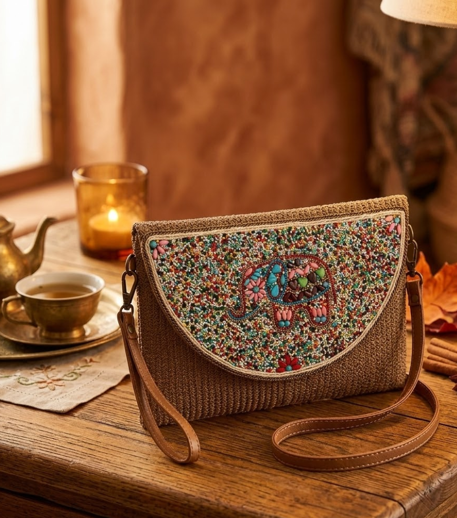 Schoudertasje met kralen mozaïek - elephant