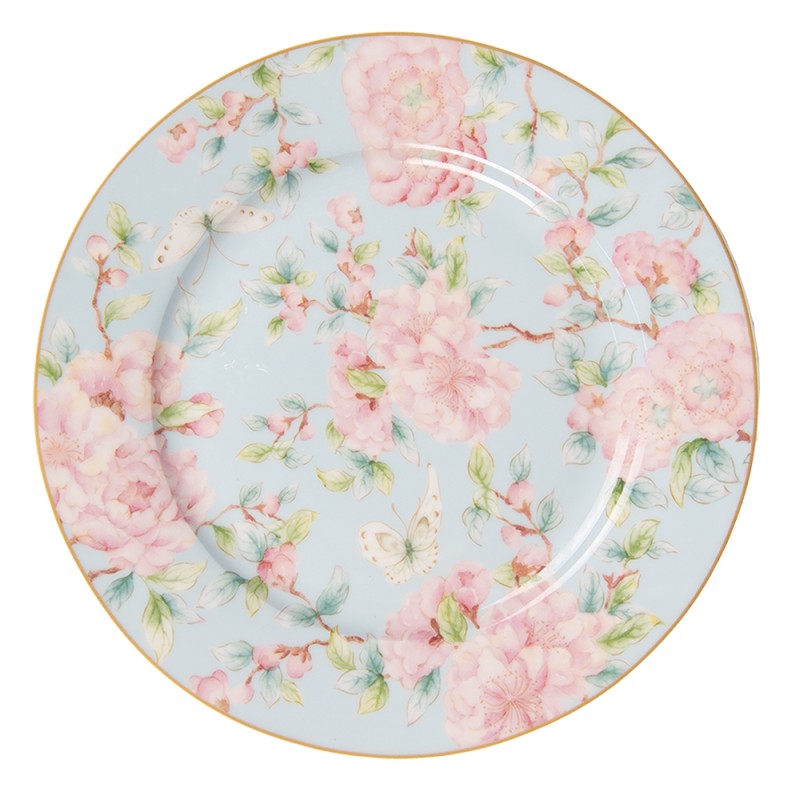 Clayre & Eef Ontbijtbord Ø 19 cm Groen Roze Porselein Bloemen