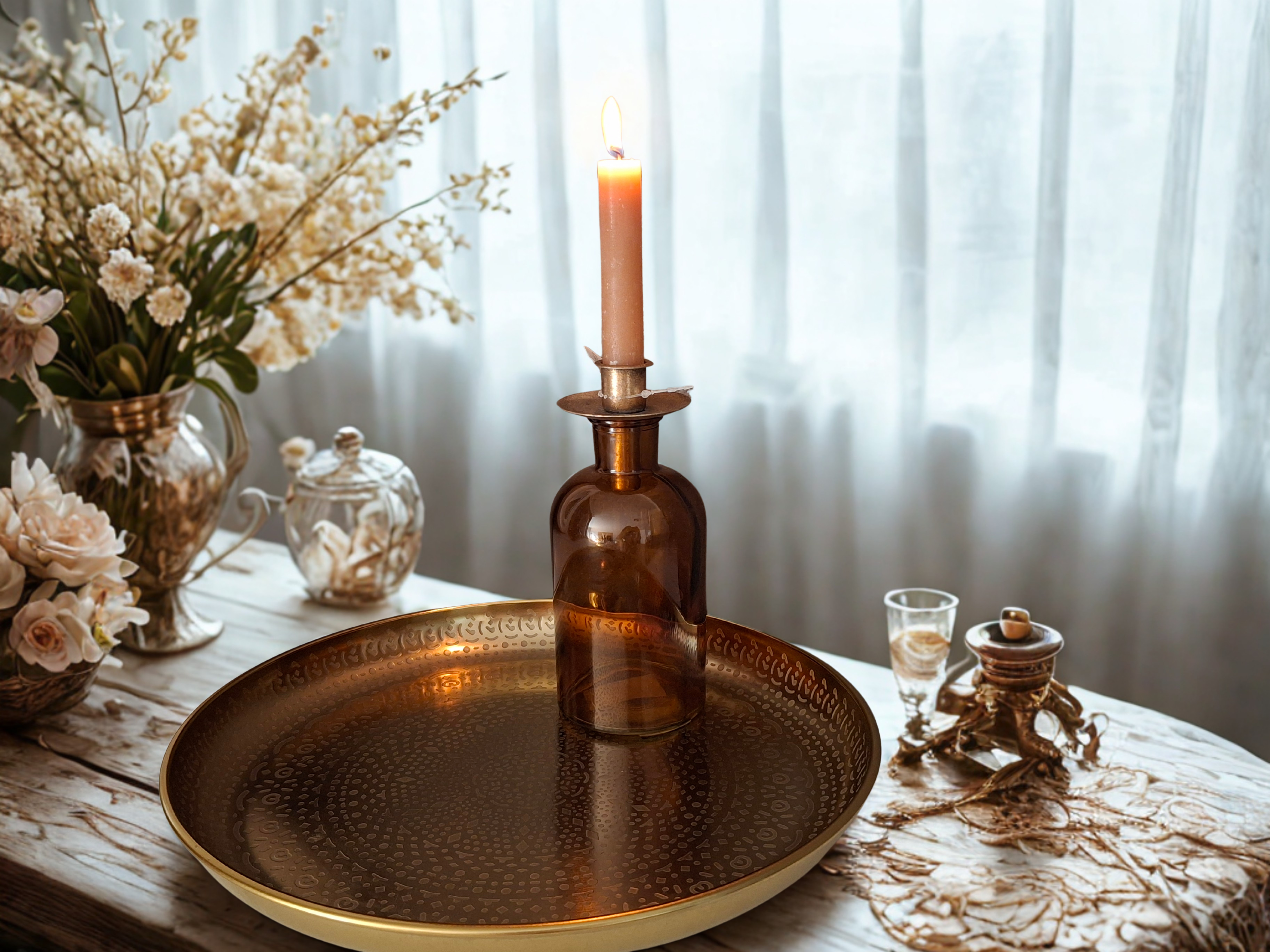 Kandelaar glas Amber, hoogte 19 cm